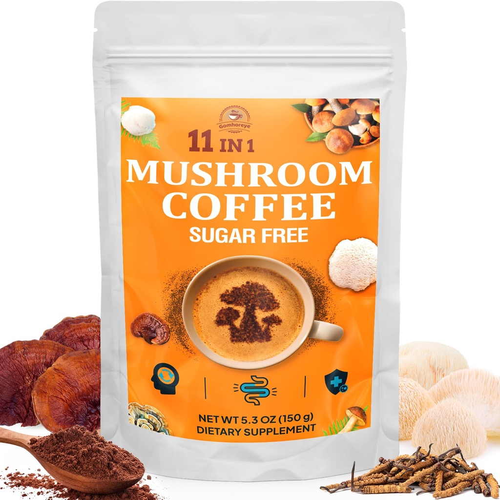 Houba Káva - Houba Káva Organická s 11 Superfood Houby, Zahrnuje Lví hříva, Reishi, Chaga, Cordyceps a Adaptogens, Houba dodatek pro energii, Focus, Paměť a imunita - 5.3oz