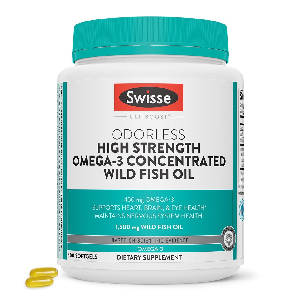 Swisse Wild Fish Oil Omega 3 doplňky pro ženy a muže Omega 124; EPA DHA Fish Oil doplňky Oil 124; Odorless - Pomáhá podporovat mozek, oko a srdce zdraví 124; vysoká síla 1500 mg Omega 124; 400 Softgel pilulky