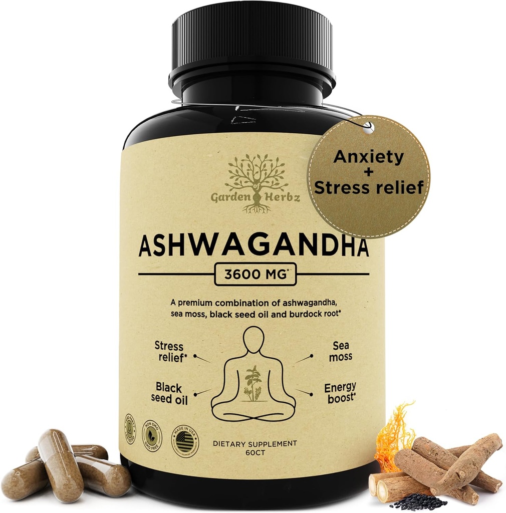 Organic Ashwagandha Root & Irish Sea Moss - 3,600 mg Ashwagandha dodatek s Black Seed Oil, & Burdock Root - Bylinný dodatek pro energii, Stress Relief, Extra síla, 60 Caps
