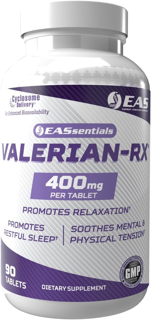 EAS Valerian- RX Valerian Root 400mg 600mg 6004; Promotes Relaxation & Restful Sleep 124; Gluten Free, non GMO 124; Lepší absorpce s Cyclosome Delivery 124; 90 Tablety
