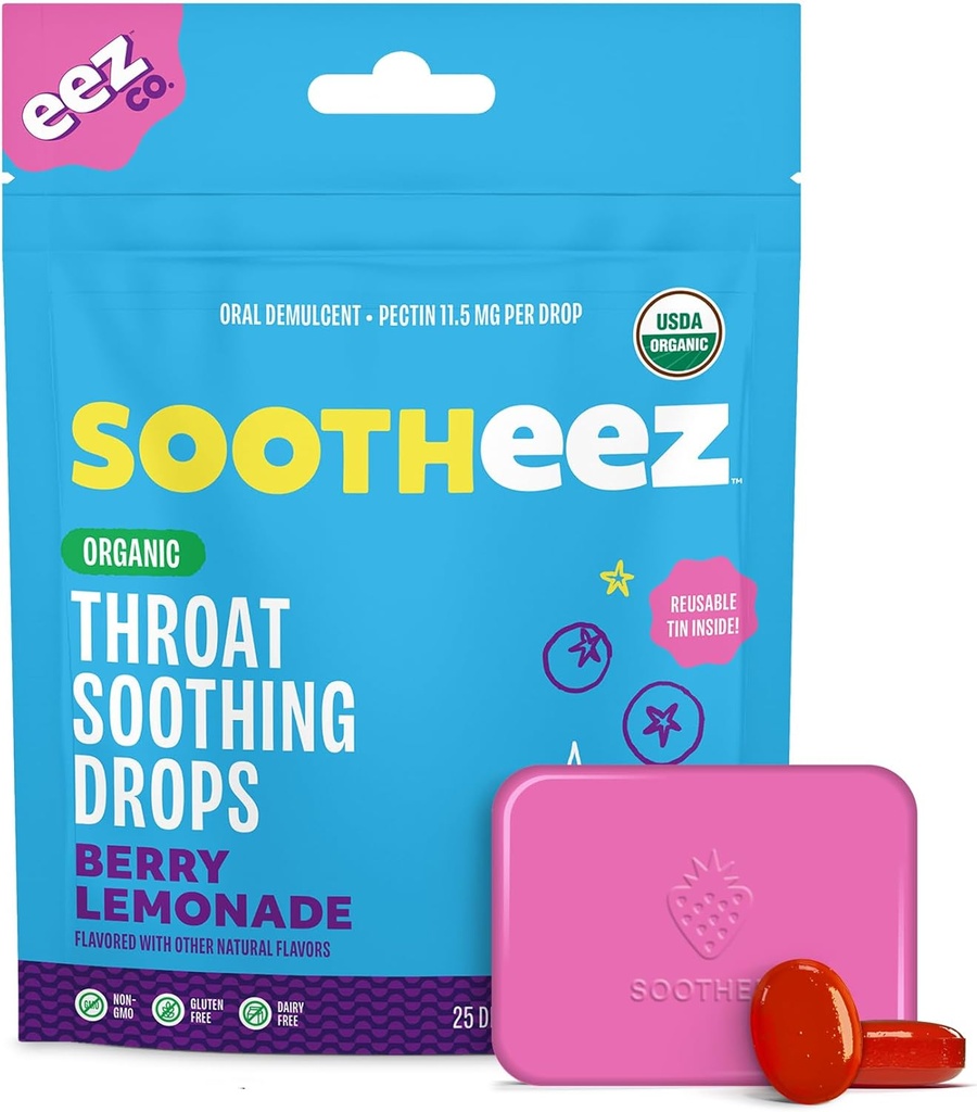 Sootheez Organic Throat Soothing Drops pro dospělé, Berry Lemonade, 25 hrabě, Refillable, Great Ochutnávání Drops That Sooth Sore Throats