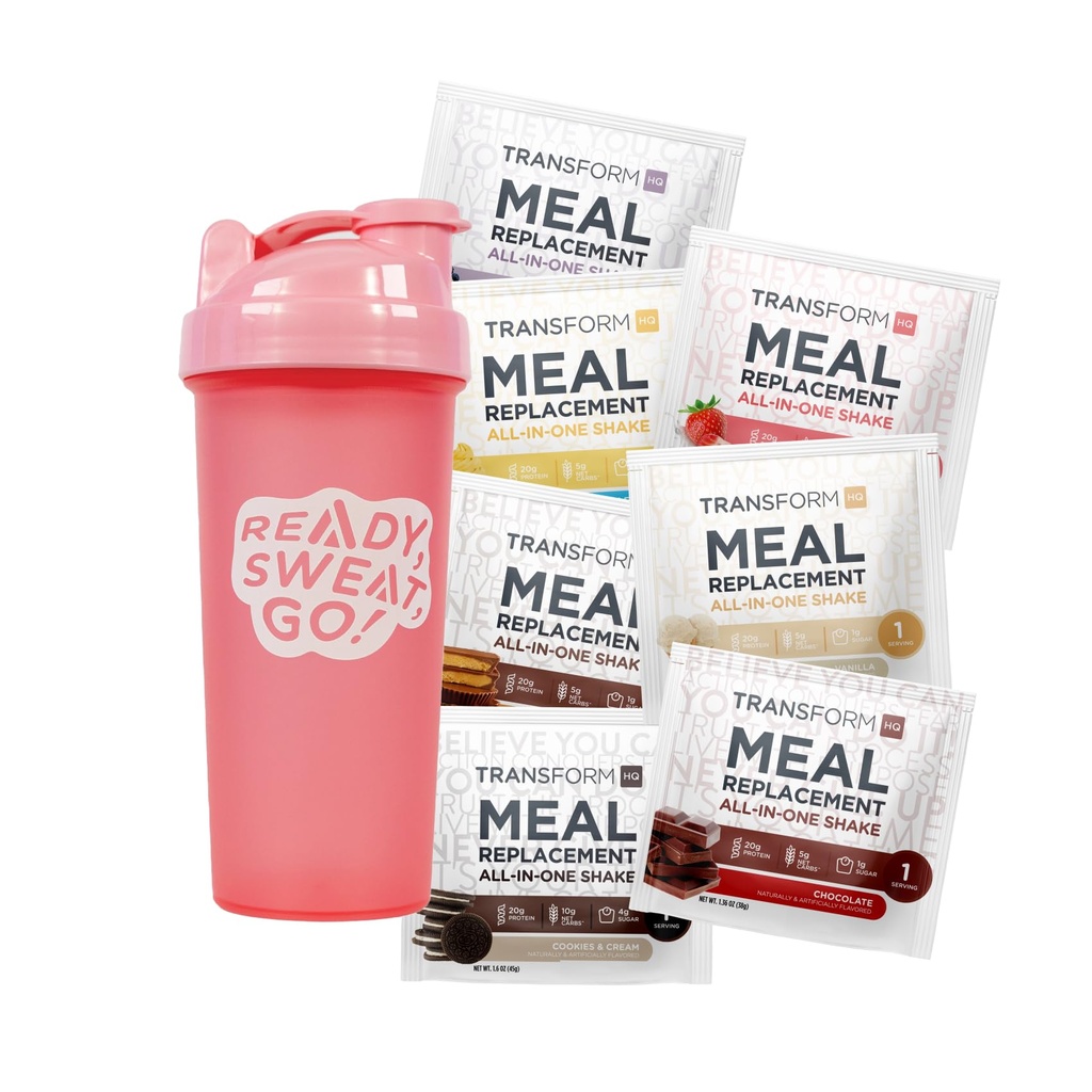 TransformHQ Stravování Náhradní Shake Variety Box s růžovou třepačkou, 7 Single- Serving Shake Packs