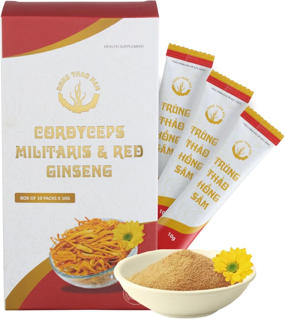 Dong Thao NAM - Organic Red Ginseng and Cordyceps Powder, 6 in 1 Bylinný extrakt, zvyšuje ostražitost, zvyšuje energii a snižuje únavu, kofein zdarma, balení 10