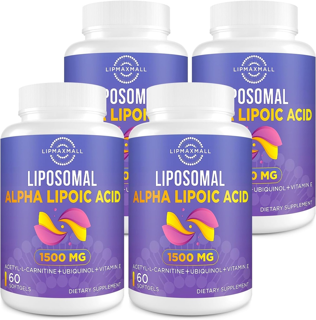 Lipozomální alfa kyselina lipoová 1500mg - s acetyl- L- karnitin 900mg & Ubiquinol 100mg & vitamin E 15mg vitamín E 15mg doplněk pro antioxidanty Glucosa Metabolismus Nerve Energy, 60 Softgels (4 láhve)