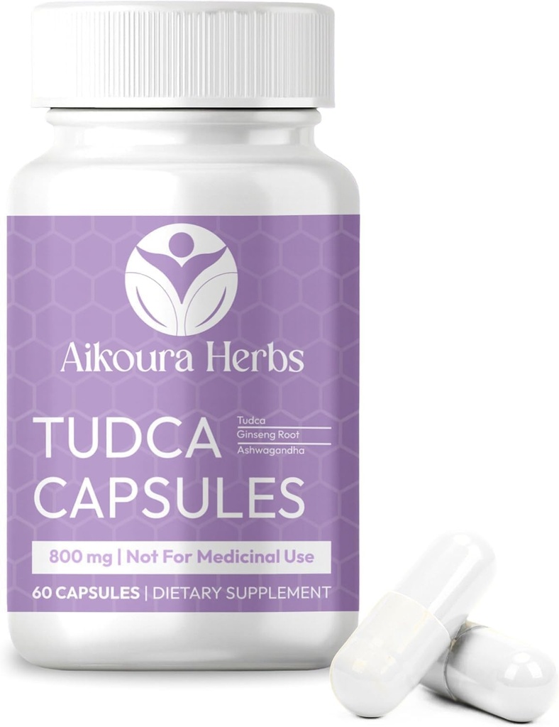AIKOURA TUDCA 800mg - Příplatek na podporu jater - 60 Veganských kapslí s mléčným Thistle, ženšen & Ashwagandha - Promotes Gut & Celk Health.