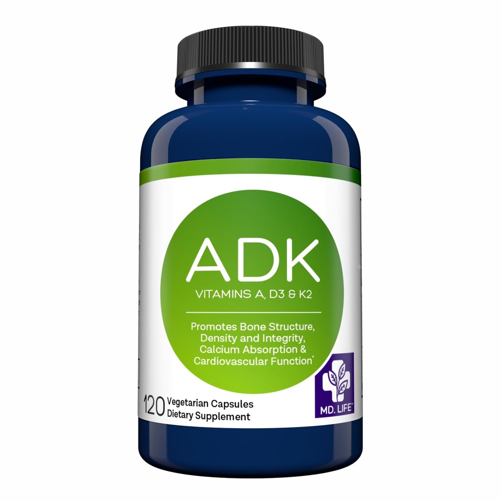 MD.LIFE ADK doplněk vitamínu - Vitamin D3 K2 a komplex A - 120 Kapsle - Vysoká potence Vitamin ADK pro podporu zdraví kostí a srdce