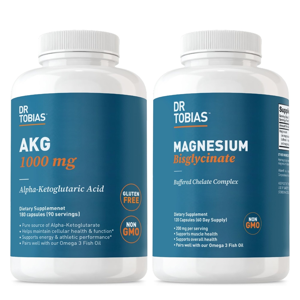 Dr. Tobias AKG Supplement & Magnesium Bisglycinát - Podpora energetických hladin, svalů, nervů a zdraví kostí s vysokou absorpcí hořčíku a biologicky dostupné AKG, Vegan, Non- GMO