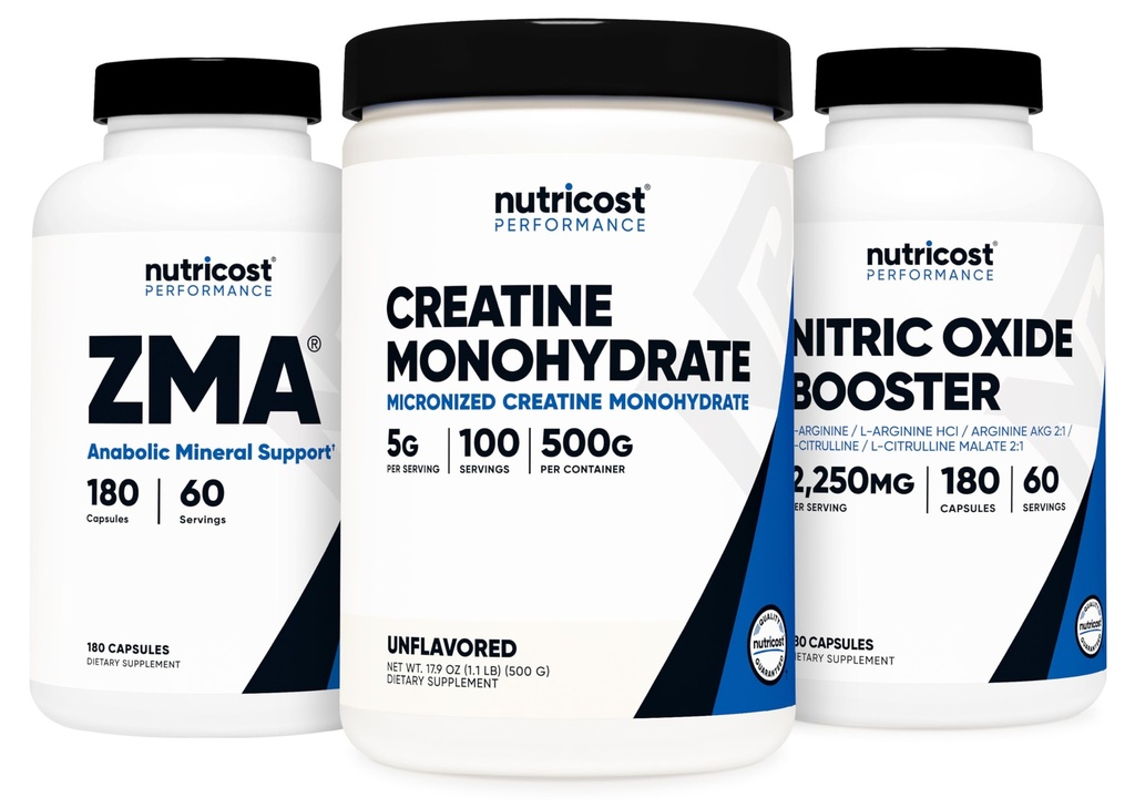 Nutricost Creatine 500 Grams, Oxid dusnatý 180 Kapsle a ZMA 180 Kapsle Bundle