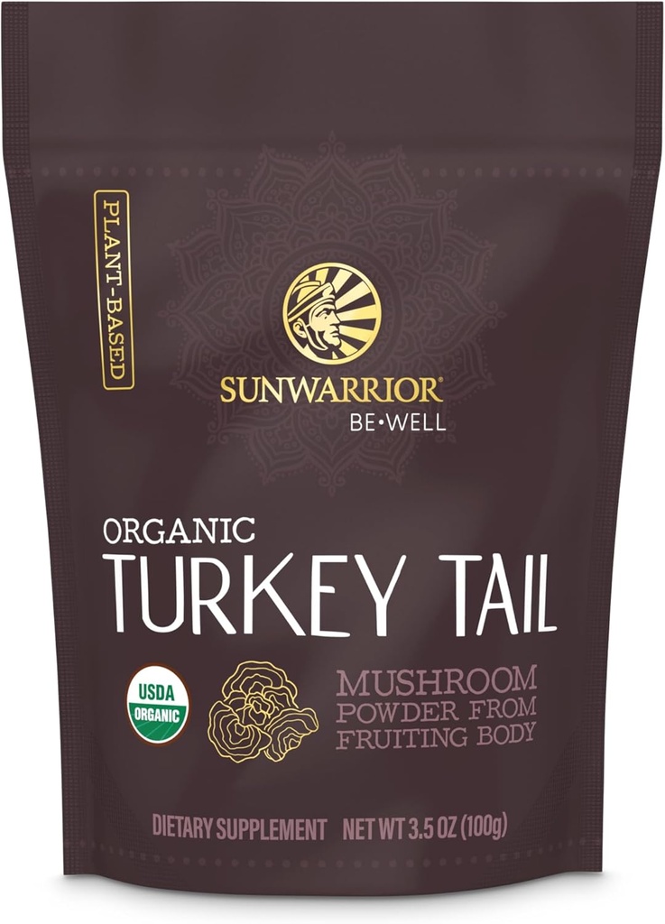 Sunwarrior Organic Turkey Tail Houba Powder 124; Turecko Houba Imunitní podpora 124; Mikrobiom Gut Zdraví Podpora 124; 50 Sluhy 100g Pouch Dutch 124; být dobře