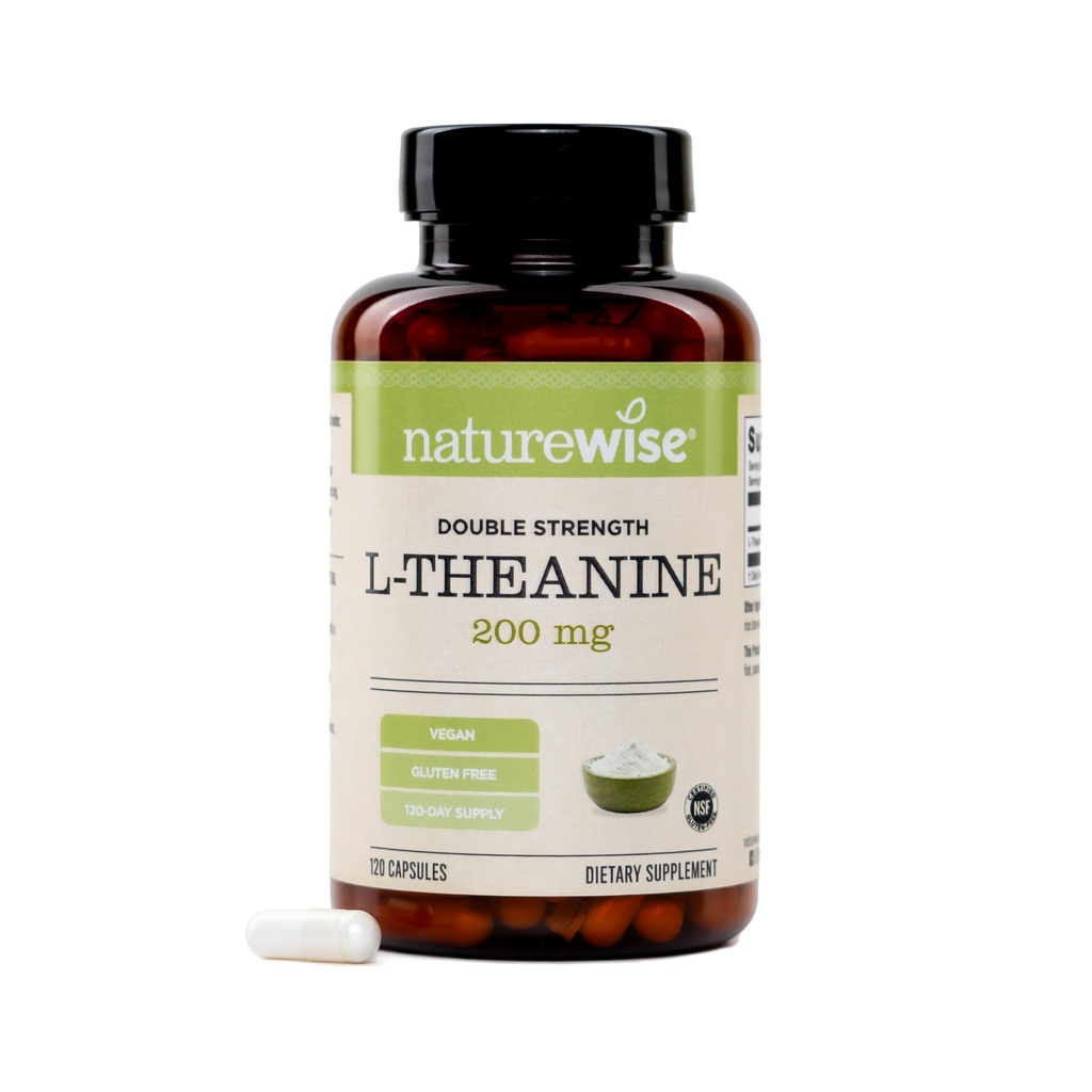 NatureWise Double Strength L- Theanine 200mg - Vegan L Theanine Supplement for Relaxation + Sleep Support - NSF Certified L- Theanine - Non- GMO, USA Manufactured - 120 Kapsle [120 Day Supply]