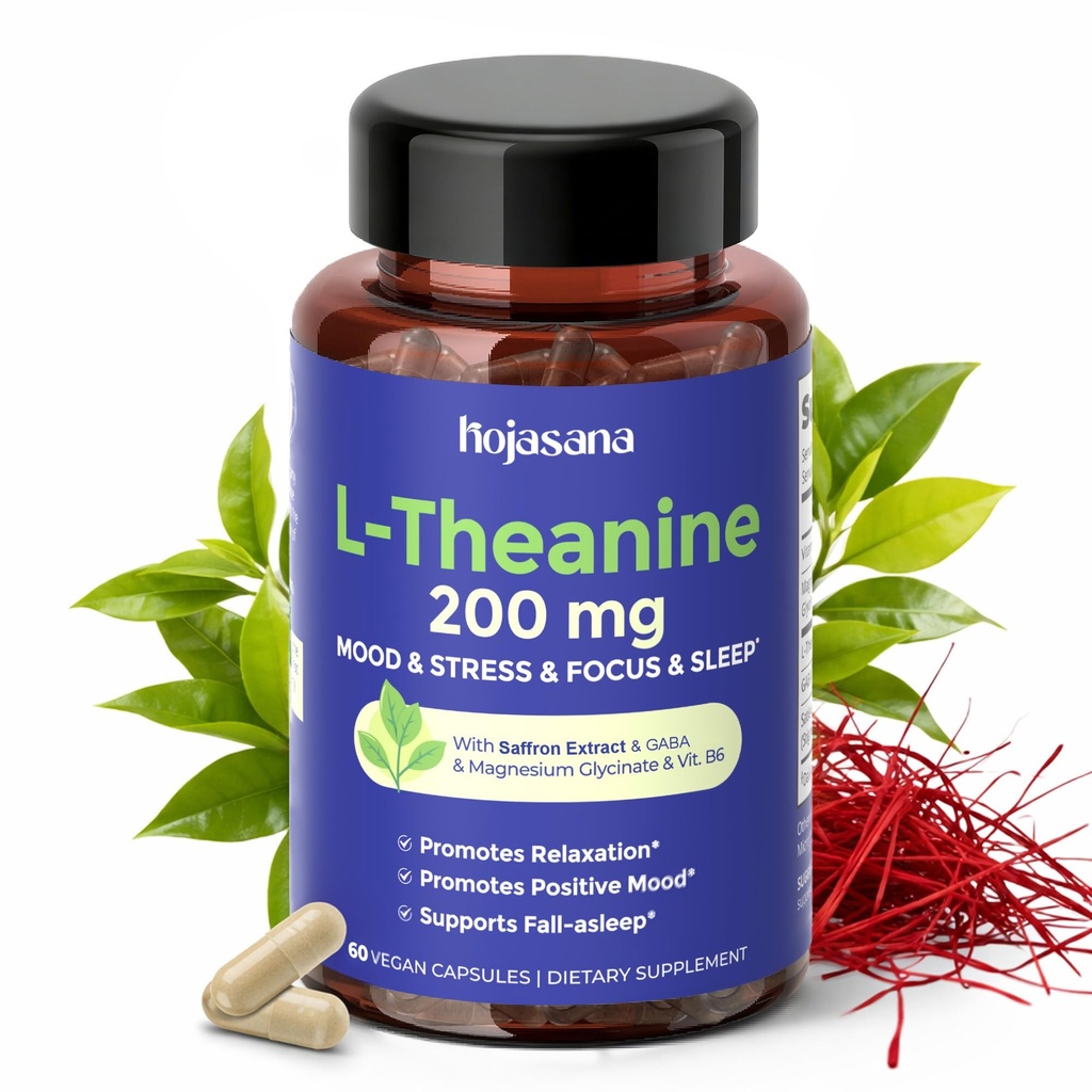 L Theanine 200mg s podporou Saffron, GABA, Glycinát hořečnatý a vitamín B6, L- Theanine dodatek Pokročilý komplexní vzorec pro uvolňování mood a stres Relief & Sleep, 60 Vegan Kapsle
