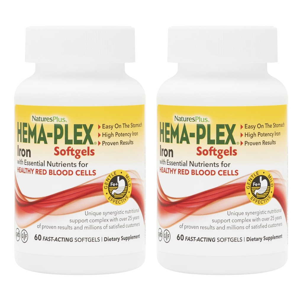 NaturesPlus Hema- Plex Iron - 60 Fast- acting Softgels - 2 Pack - 85 mg Iron + Vitamin C & Bioflavonoidy pro zdravé červené krvinky - Vegan, gluten zdarma - 40 Celkem Služební cesty