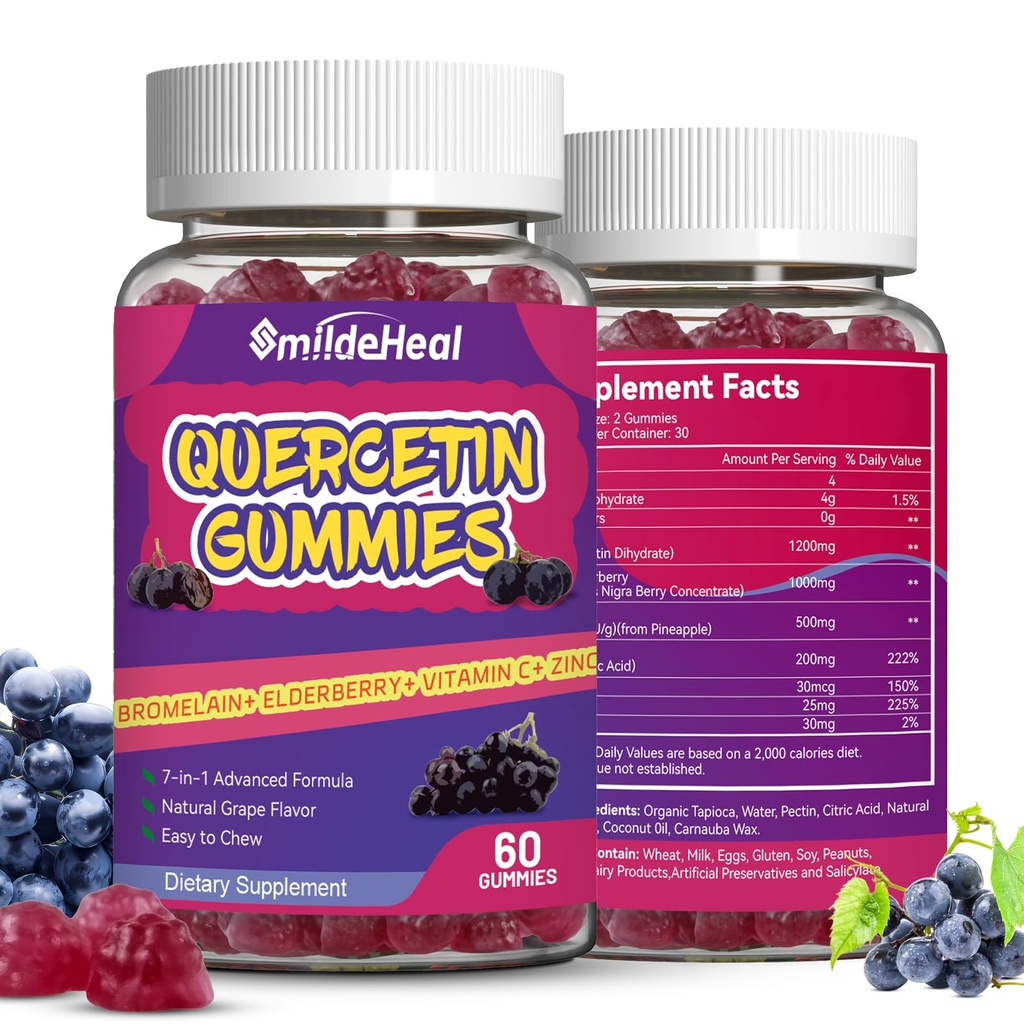 2 balení Quercetin Gummies 1200MG, Quercetin Gummies s bromelainem, zinek vitamin C, imunitní systém Vegan Gummy pro dospělé a děti, 120 Vegan