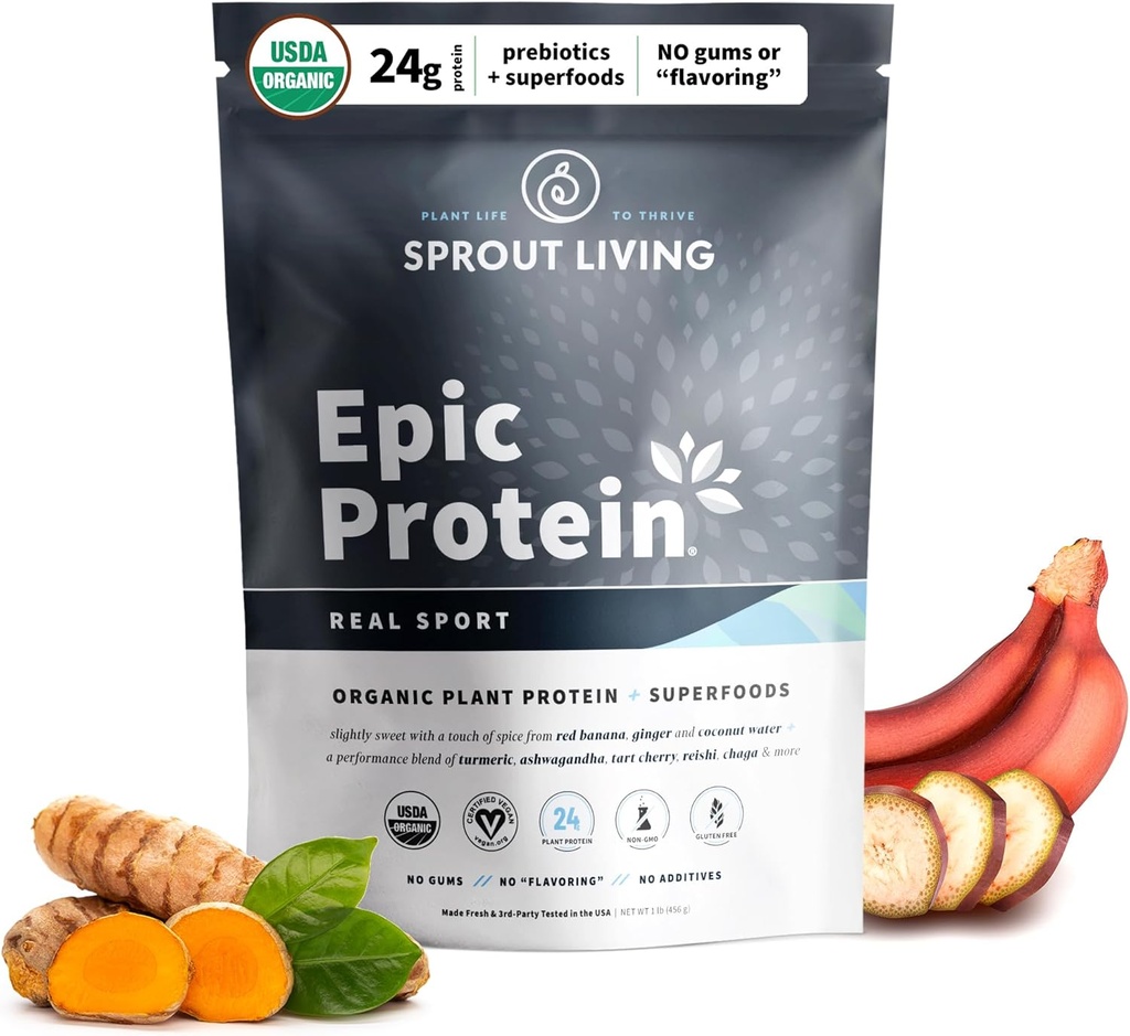 Sprout Living, Epic Protein, Plant Based Protein & Superfoods Powder, Real Sport 124; 24 Grams Organic Protein Powder, Recovery, Vegan, Non Dairy, Non- GMO, Gluten Free, Nízký cukr (1 libra, 12 Služení)