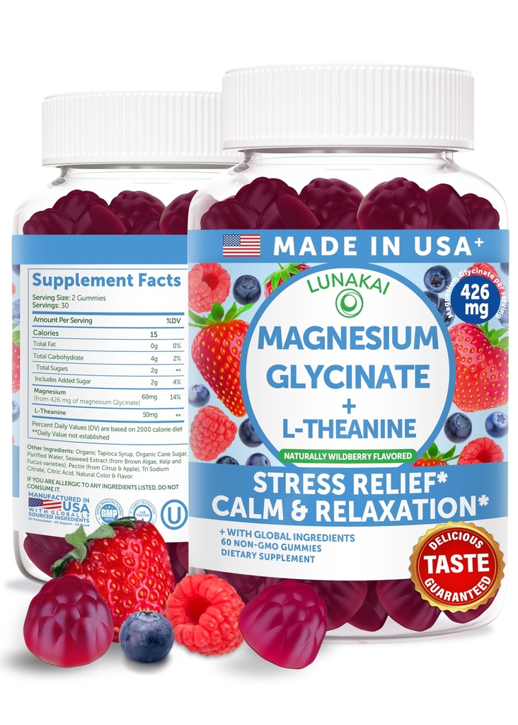 Lunakai USA Made Magnesium Glycinate Gummies 426mg s L- Theanine - klid, spánek, stres pro dospělé a děti, non-GMO, Vegan, 60ct