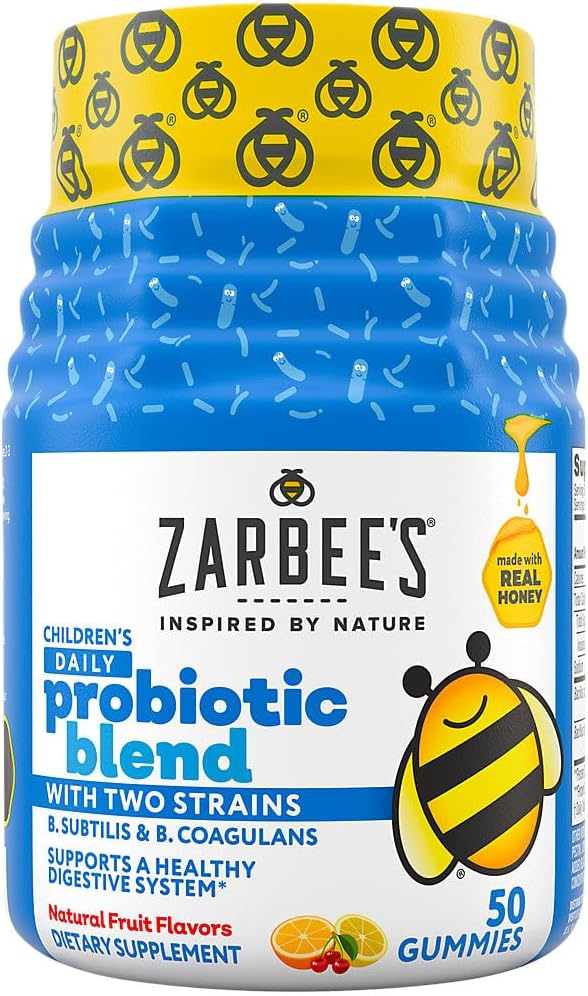 Zarbee 's Kid' s Daily Probiotic Blend Gummies with 2 Straining Support; Easy to Chew; Gluten- Free & Drug- Free; Ages 2 +; Natural Fruit Flavors; 50 Count
