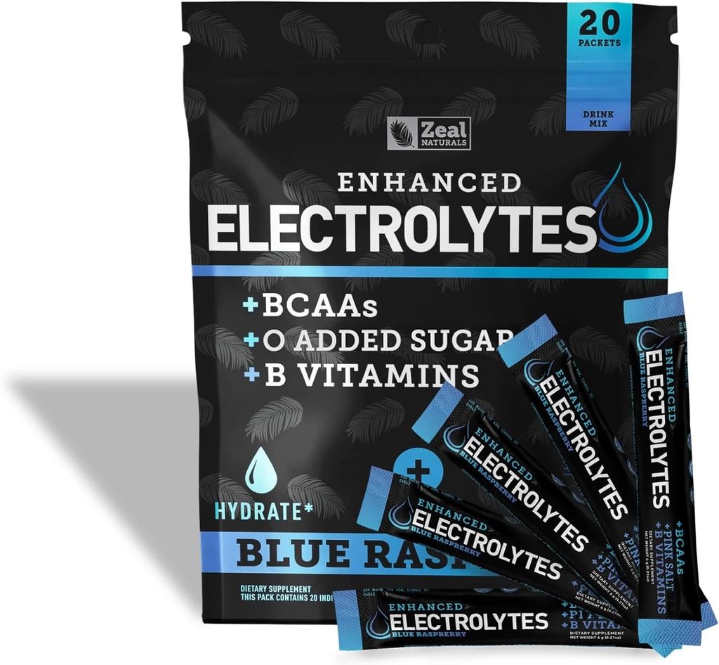 Vylepšený Electrolyte Powder Stick Packs (Blue Malina 124; 20 Packets) w / 0 Cukr + BCAA + B-Vitamíny Electrolyte Supplement w Draslík Zinek & hořčík pro hydrataci - Keto Electrolytes
