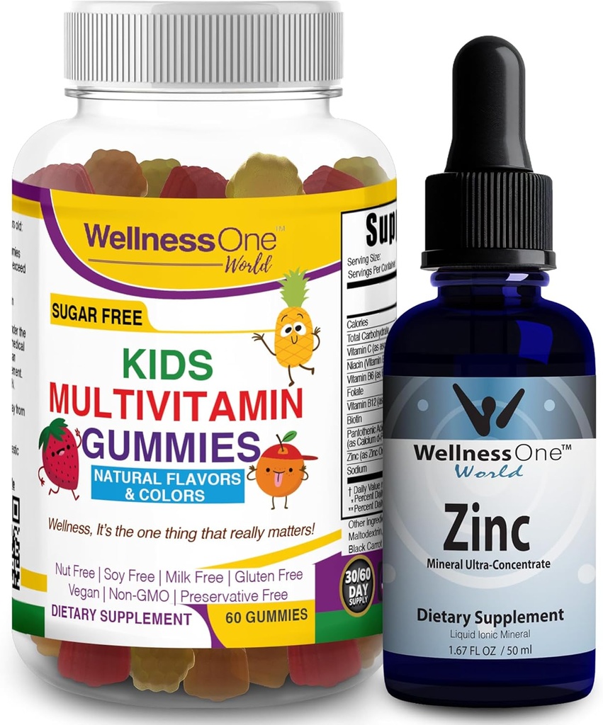 WellnesSOne tekutý zinek & děti multivitaminové žvýkačky - Velké duo na zvýšení energie, imunita a vaše děti 'Brain Health - 1.67 fl oz zinek tekuté kapky & 60 Medvědí ovocný ochucený Gummy Multivitamin pro děti