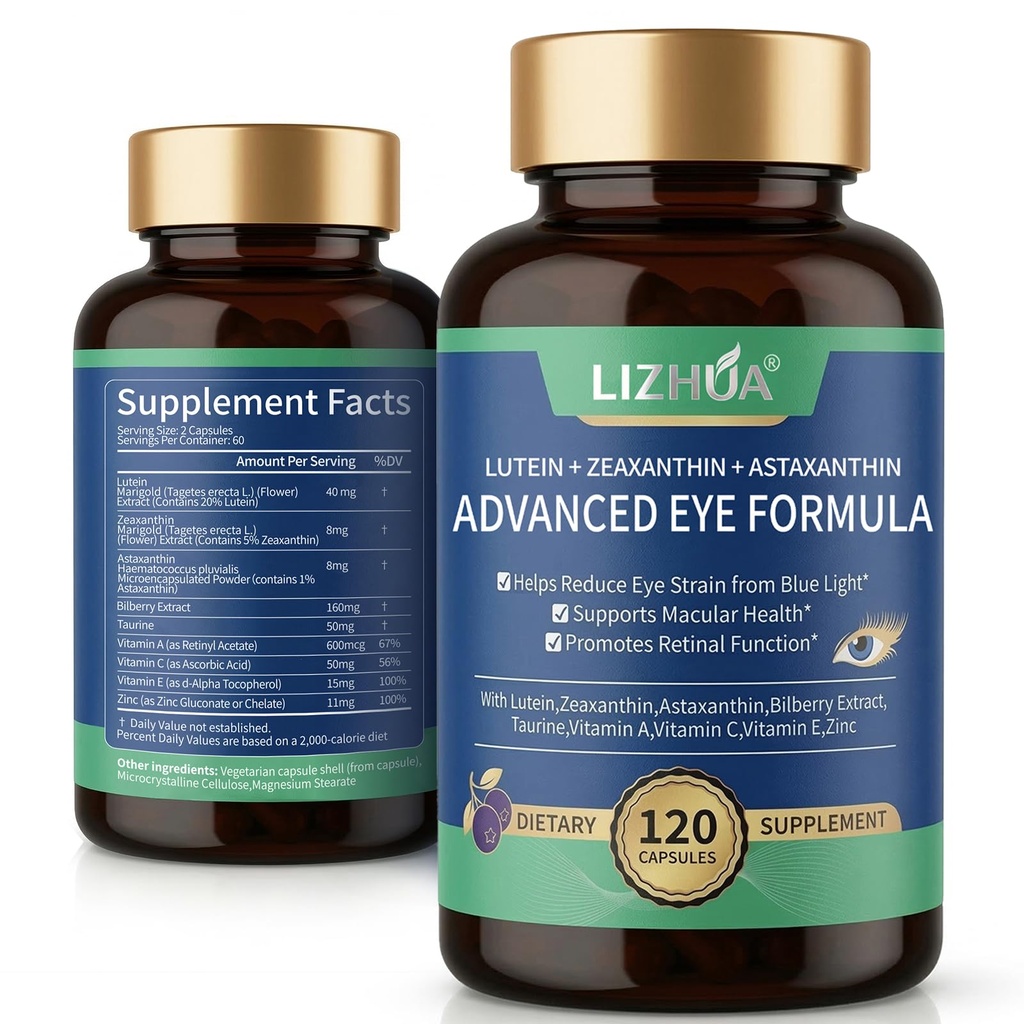 Lutein 40mg & Zeaxanthin 8mg Eye Vitamins, s Astaxanthin, Borůvky, Taurin, Vitamins A C E Zinek, Blue Light & Macular Support, 120 Veggie Kapsle