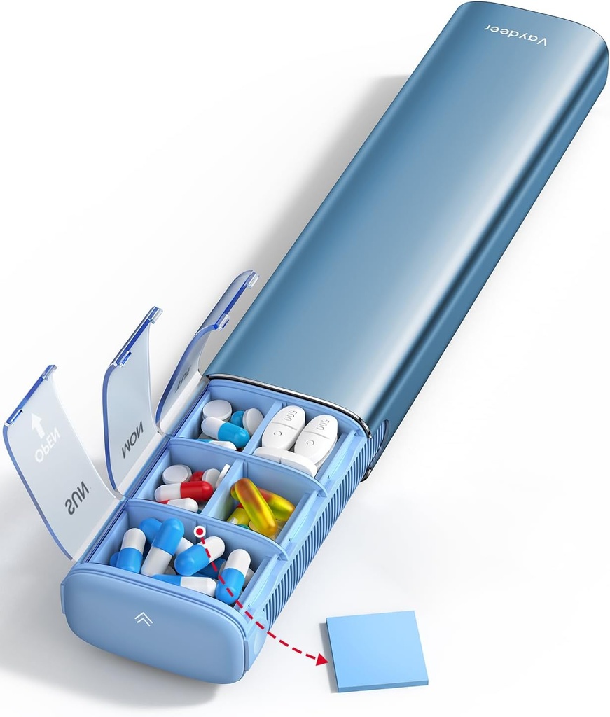 Vayjelen 7 dní Týdenní Pořadatel pilulky (Podpora 2 krát denně), Metal Travel Pill Pouzdro, Velká kapacita Denní roztomilý Pill Box pro doplňky, pilulky, vitamíny a léky (modrá)