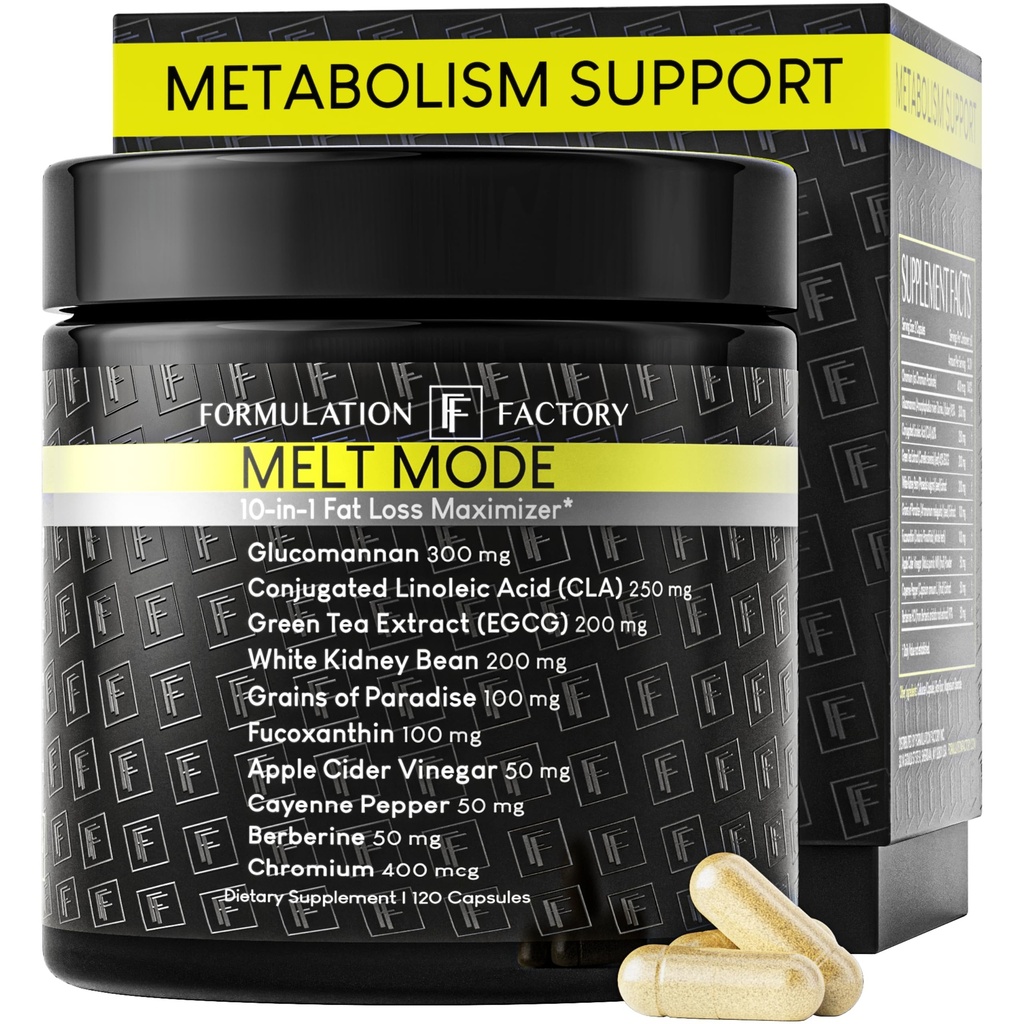 Formulace Factory Metabolismus Booster - Melt Mode Přírodní termogenní podpora s Glucomannan, L- karnitin & Green Tea Extract - Pokročilá satiety & Energy - 120 Kapsle, 2 Měsíční dodávky