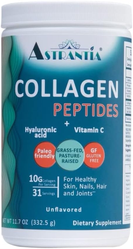 ASTRANTIA Collagen Peptides Powder, Grass- feed Neochucený kolagen s kyselinou hyaluronovou a vitaminem C pro zdravé nehty, kůže, vlasy a spony current 124; Paleo Friendly currency 124; gluten Free current 124; non GMO currency 124; 11.7 OZ