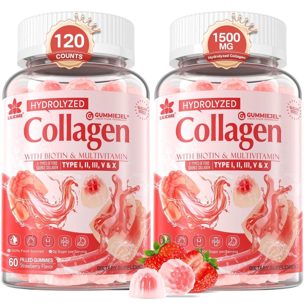 2Pack Sugar- Volný hydrolyzovaný kolagen Peptid plněné gumové pro ženy a muže, s 1500mg protein typu I, II, III, V, X, 5000mcg Biotin vitamin C A E D3 B6 B12 pro imunitní trávení kůže hřebíky, kosti