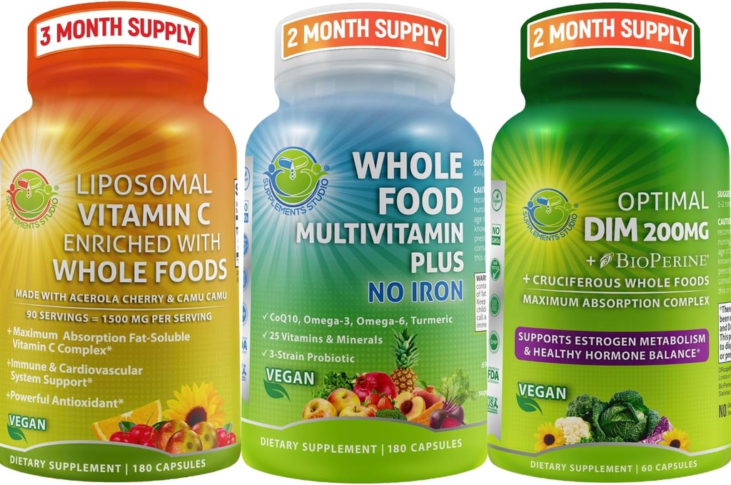 SUMPLEMENTS STUDIO Vegan Imunní, Energy & Hormon Support Bundle for Men and Women - Vegan Whole Food Multivitamin Without Iron + Liposomal Vitamin C 1500mg + Optimal DIM 200mg with BioPerine ®