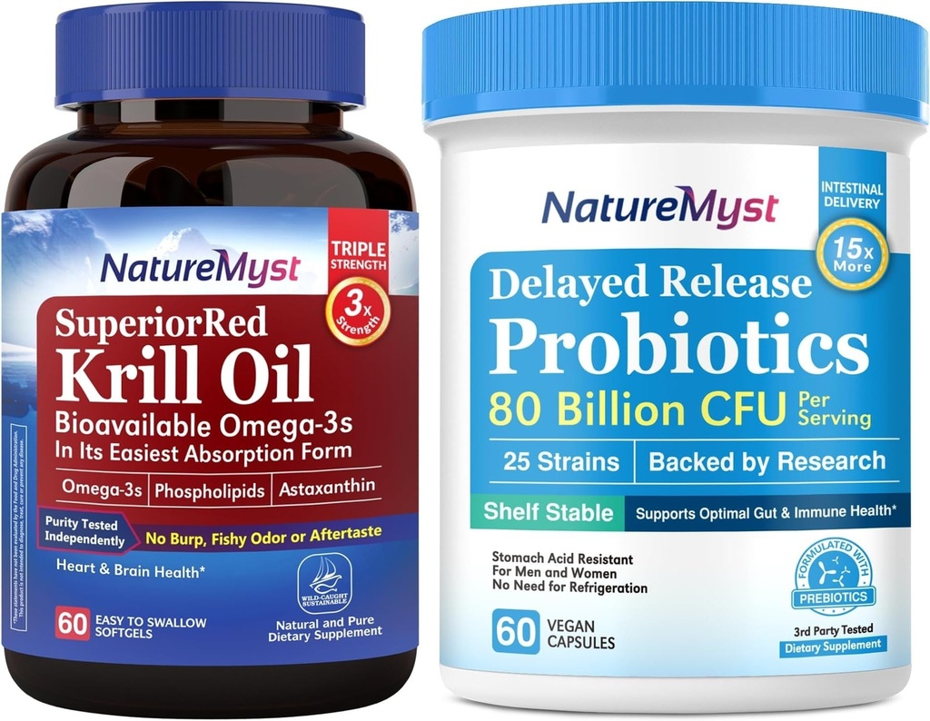 Krill Oil 1000mg a Probiotika Bundle, Omega 3 s DHA EPA & Astaxanthin, Plus 80 miliard CFU 25 Strains, Gut, Heart & Imunitation Function, Non- GMO, Made in USA, 60 Softgels + 60 Kapsle