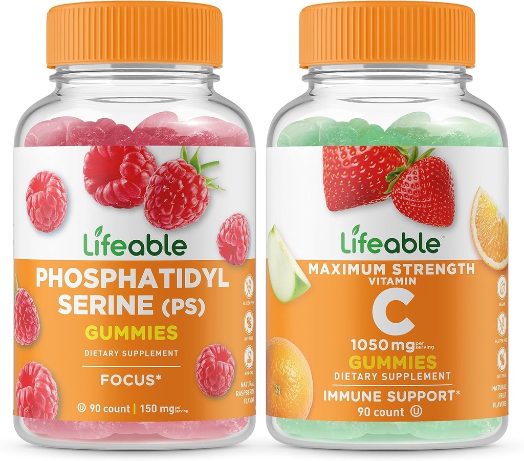 Živý fosfatidylserin (PS) + vitamin C 1050mg, Gummies Bundle - Great Ochutnávání, dodatek k vitamínu, gluten zdarma, GMO zdarma, Žvýkací žlab