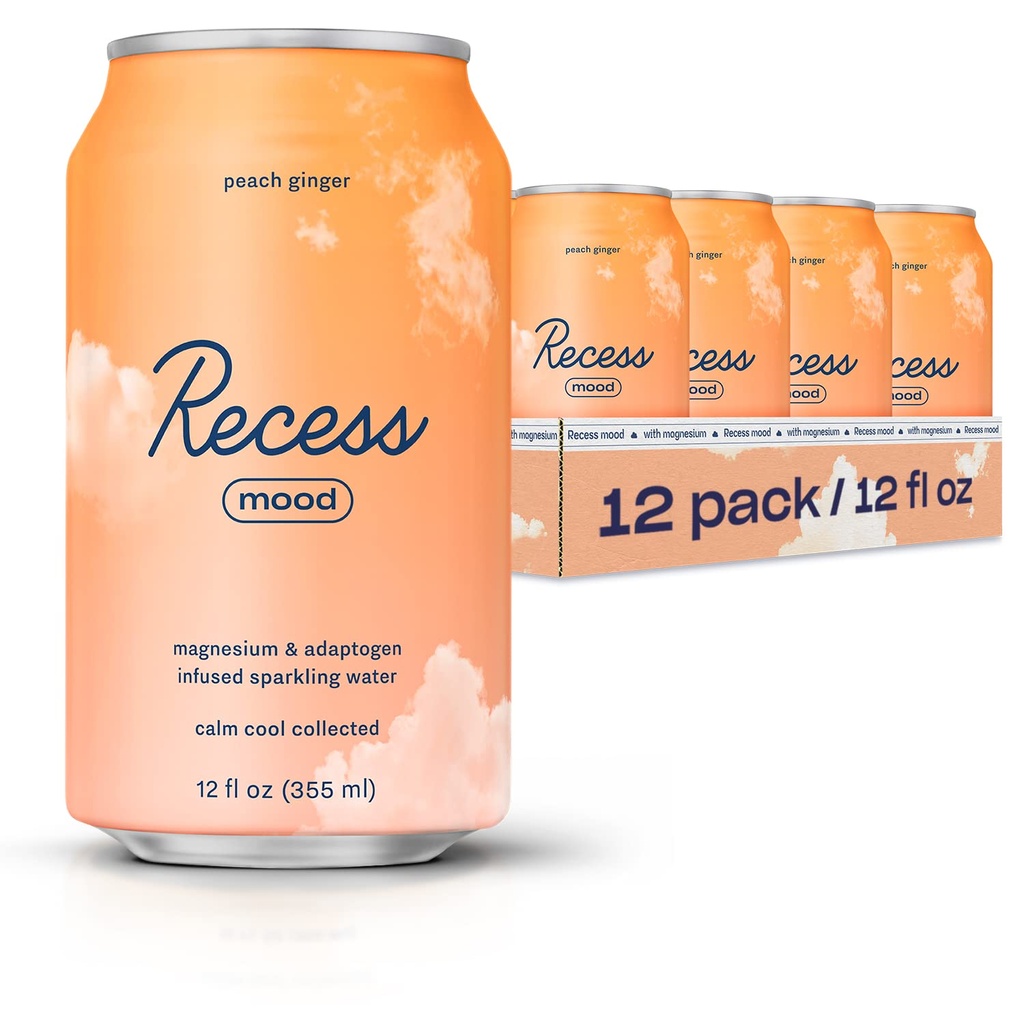 Recess Mood Magnesium & Adaptogen Drink, Relaxační nápoje, 12 unce (Peach Ginger, 12 balení)