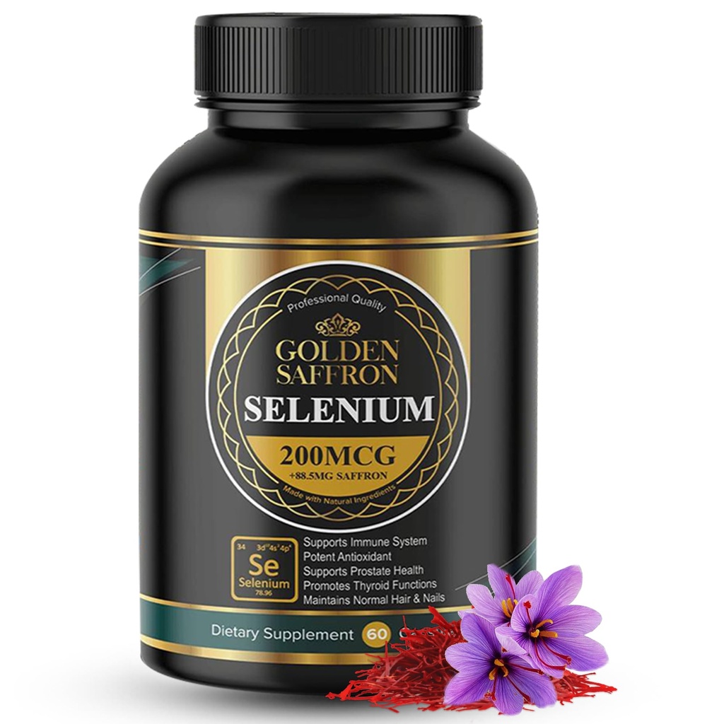 Golden Saffron Selen (200mcg Selen & 88.5 mg Saffron Extract) - na podporu celkového zdraví, Non- GMO, Gluten Free, Dairy Free, s unikátním a pokročilým vzorcem - Made in USA & Chuť.