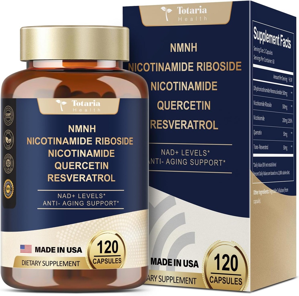 Totaria NMNH (Dihydronicotinamid Mononukleotid), NMNH dodatek w / Niacinamid (vitamin B3), Quercetin, Trans- Resveratrol, Support NAD +, Skin Cell Health *, Anti- Aging & Energy, 120 Caps