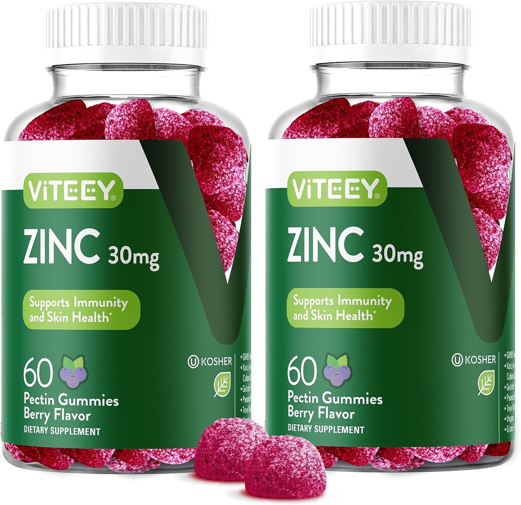Viteey Zinek Gummies for Men and Women - Zinek doplňky 30mg - Imunite Boost & Skin Health - Vegan, Gluten Free - 120 Počet