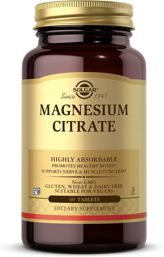 Solgar Magnesium Citrát - 60 Tablety - Podporuje zdravé kosti, podporuje nervové a svalové funkce - Vysoce absorbovatelné - Non- GMO, Vegan, gluten zdarma, Kosher - 30 Služeb