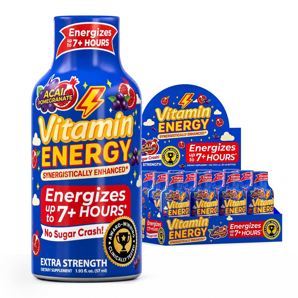 Vitamin Energy B12 11,000% Extra Síla Energy Shot Açaí Granátová 12 Pack, 260mg přírodní kofein, B12 & B6, Nootropní Focus, Vitality, Nulový cukr, gluten- Free, Vegan, Kosher, 1.93 fl oz