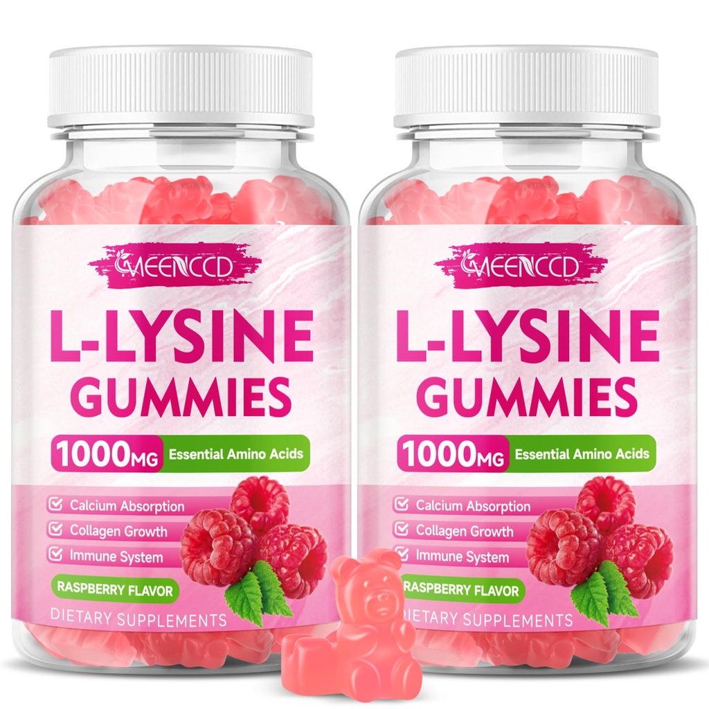 2 Pack L- Lysin 1000mg Gummies, Lysin dodatek pro dospělé a děti, esenciální aminokyselina pro rty a orální zdraví, zvýšení imunity & kolagen & vápník, Sugar- free, Malina Flavor, 120 Počet