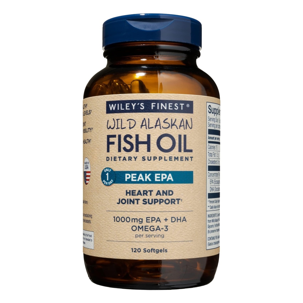 Wiley 's Finest Wild Alaskan Fish Oil Peak EPA - Triple Strength Peak EPA & DHA Supplement - 1000mg Fish Oil - Omega-3s for Joint Health Support - 120 Softgels (120 Servings)