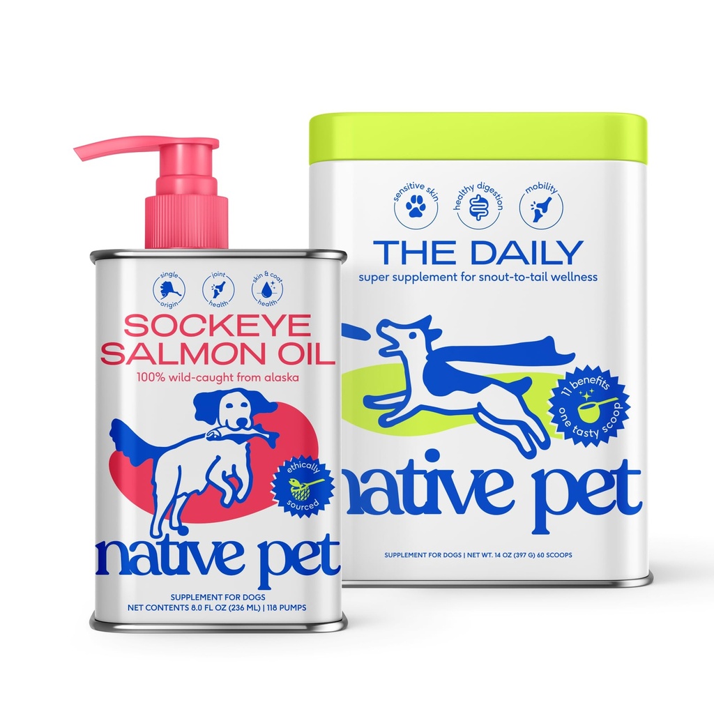 Native Pet Denní Dog dodatek (60 Scoops) & Salmon Oil pro psy a kočky (8 Oz) - 11 v 1 Multivitamin & Pure Omega33 Rybí olej dodatek pro pleť & Coat, Joint, Heart Health & Anti- Zánětlivé