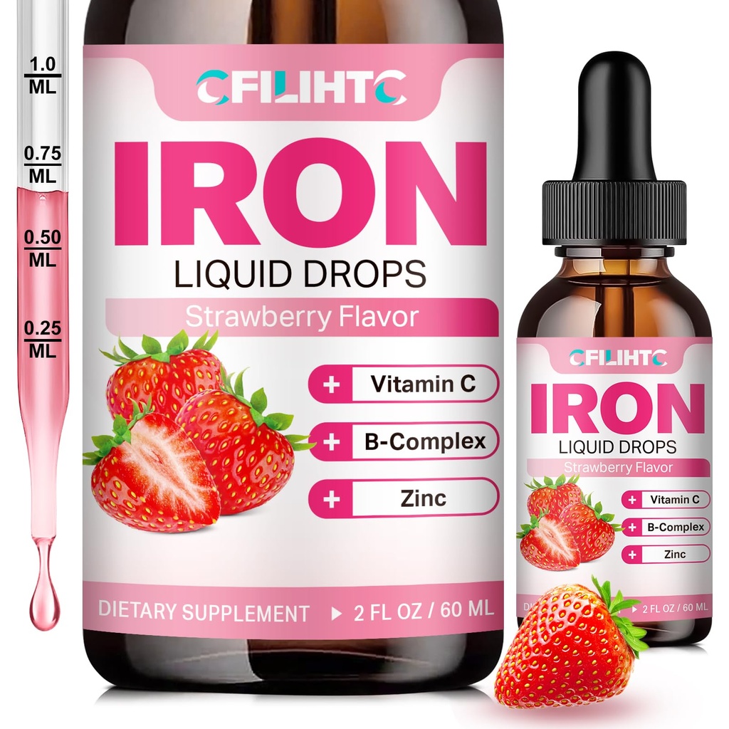 Liquid Iron dodatek pro ženy Muži a děti Multivitamin Železné Kapky s folátem, Vitamin C, B6, B12, Zink pro anemii, Nedostatek železa, Krevní stavitel, Energie - Přírodní jahodové aroma, Vegan 2 Fl Oz