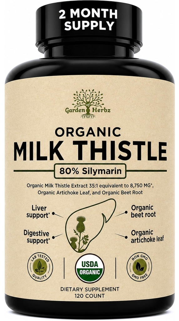 USDA Organic Milk Thistle Játra Detox Dodatek 80% Silymarin, 250 mg s řepou kořenovou a artyčokem Extract pro podporu a stravení jater, Made in USA, 120 Kapsle (2 Měsíční dodávky)