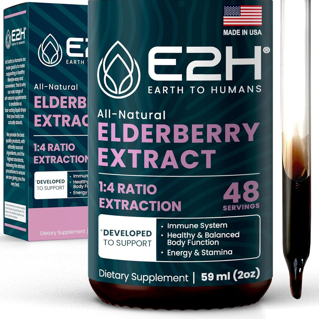 E2H Elderberry Syrup - Powerfull Antioxidanty dodatek z organické bezinky extrakt - Sambucus Elderberry Syrup pro děti a dospělé pro imunitní podporu - Non- GMO, Vegan - 2 Fl Oz