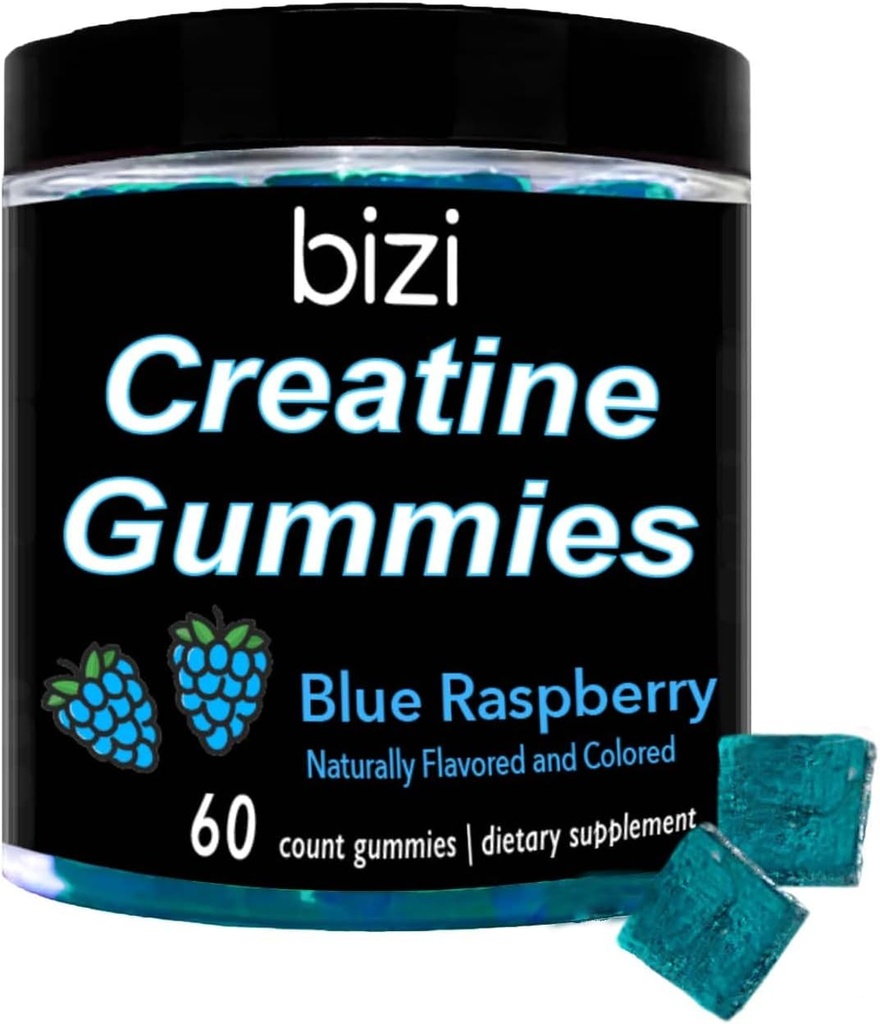 Bizi Creatine Gummys pro muže a ženy - 1g Creatine Monohydrát na Gummy - Melounová lahůdka - Cvičení, Muscle Growth a Recovery - Vegan & gluten zdarma (60 ct) (modrá Raspberry)
