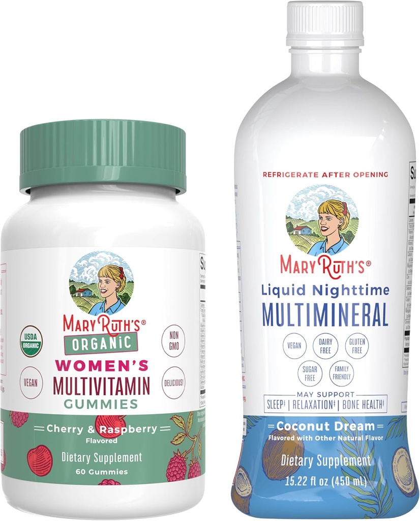 MaryRuth 's Multivitamine Gummies for Women (Strawberry) & Liquid Nighttime Multimineral (Ananas) Osvědčený projekt čistých štítků ® Označováno 124; USDA Organic & Vegan I124; Beauty, Bedtime Rutine, & Celkově zdraví