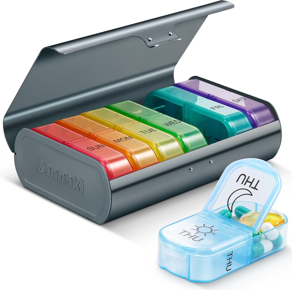 Zannaki Metal XL Týdenní Pill Organizátor 2 krát denně, Velké cestovní Denní Pill Box 7 Day, Přenosný týden dvakrát Pill Holder Kontejner, AM PM Pill Pouzdro pro medicínu vitamin doplněk stravy, šedá