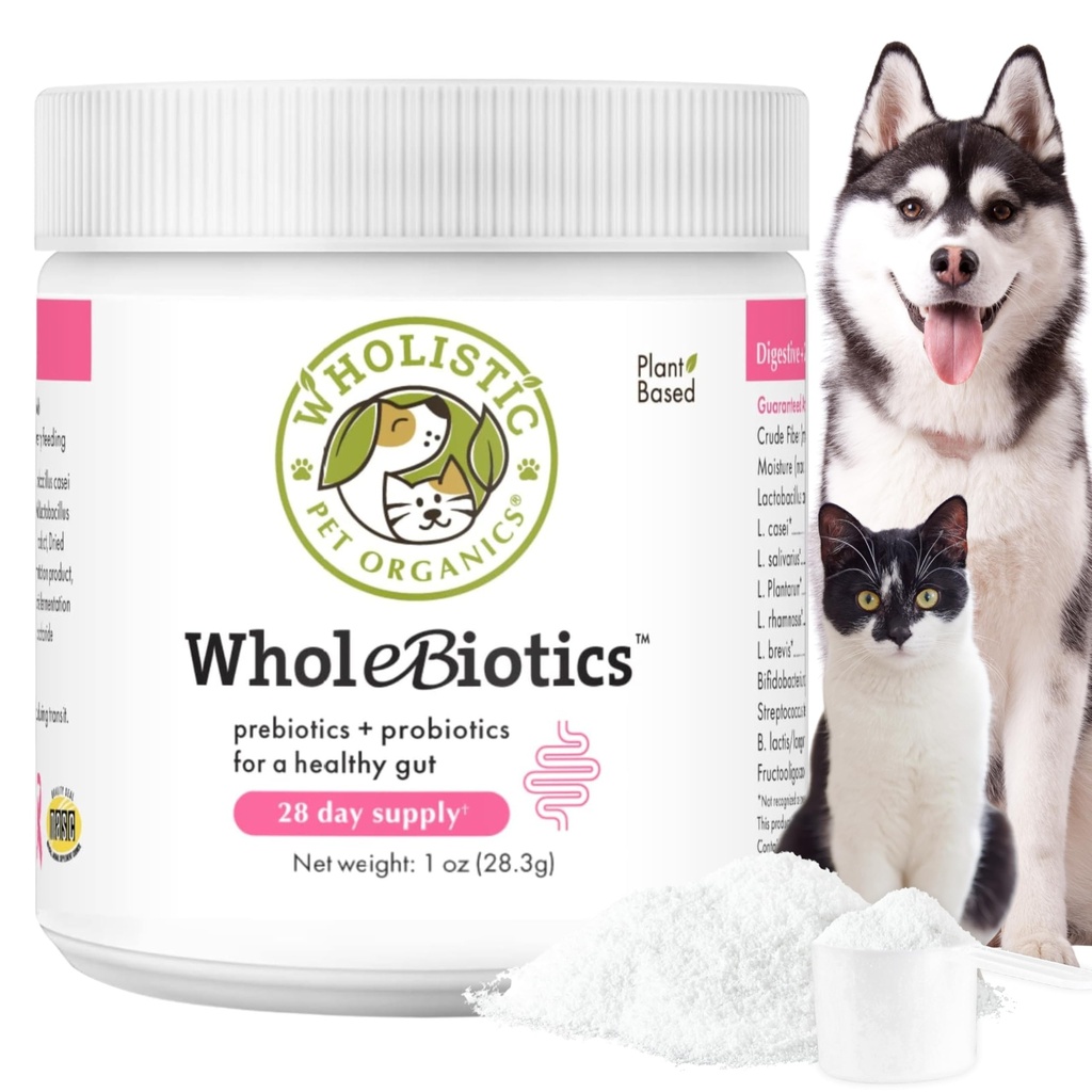 Wholistic Pet Organics WholeBiotics - Daily Dog Probiotics for Digestive Health Support & Imunitary Boost - 9 Strany - Prebiotika & Probiotika pro psy a kočky - Gut Health for Dogs - 1 Oz - 28 Scoops