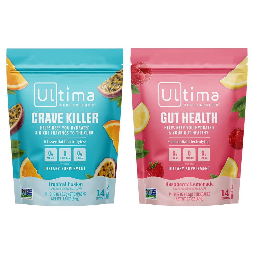 Ultima doplňovač Electrolyte Powder Drink Mix Bundle - Sugar Free - Crave Killer and Gut Health, 14 Stickpacks - 6 Electrolytes and Minerals - Keto Friendly, Vegan, Non- GMO