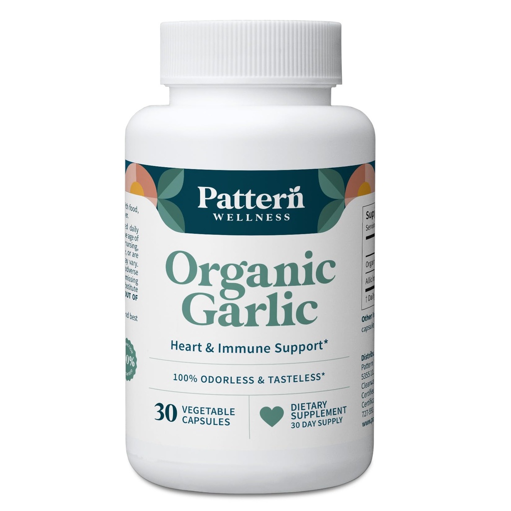 Vzor Wellness Odorless Organic Garlic - 1000mg - Imunitní, cirkulační a srdeční podpora zdraví - Non- GMO & gluten zdarma - 30 Veganské kapsle