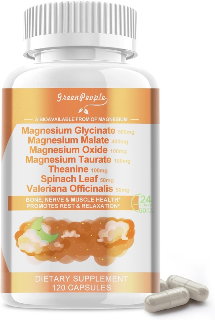 Glycinát hořečnatý 500 mg na jedno podání, s malát, taurát a oxid hořečnatý, doplněk hořčíku pro svalovinu, kost, spánek a potravu podporu, 120 Vegan Kapsle, Non- GMO