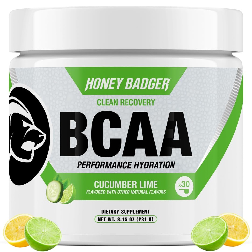 Med Badger BCAA + EAA Amino Acids Powder, BCAA + L-glutamin, Keto, Vegan, Cukr zdarma pro muže a ženy, Hydration & Post Workout Muscle Recovery Drink Mix, Okurkový Lime, 30 Služeb